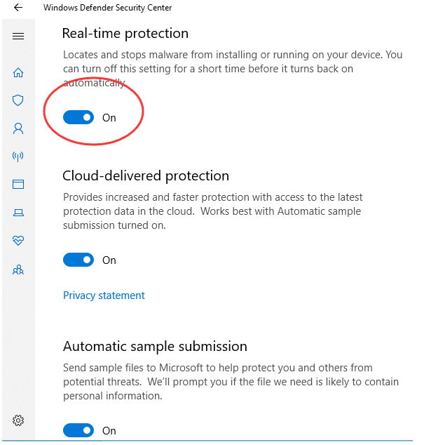 disable windows 10 defender security center